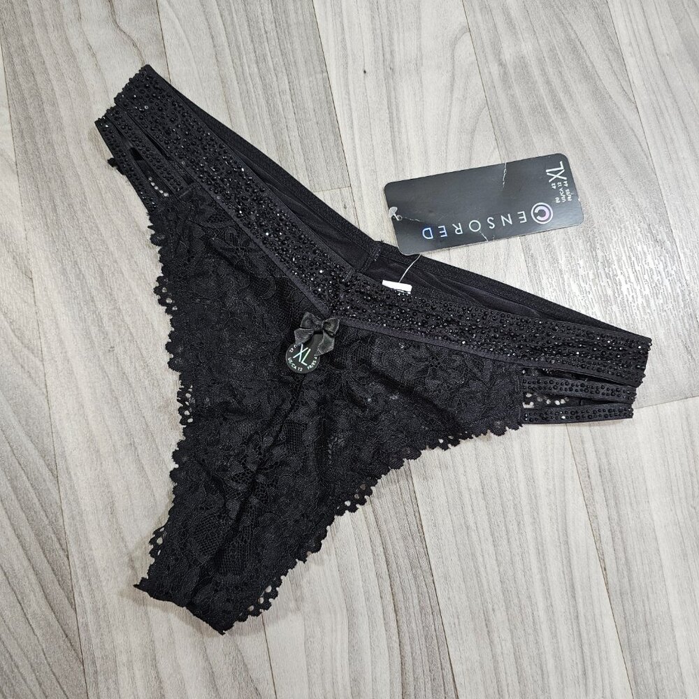 Censored Black Lace Thong Panties with Rhinestones Size XL